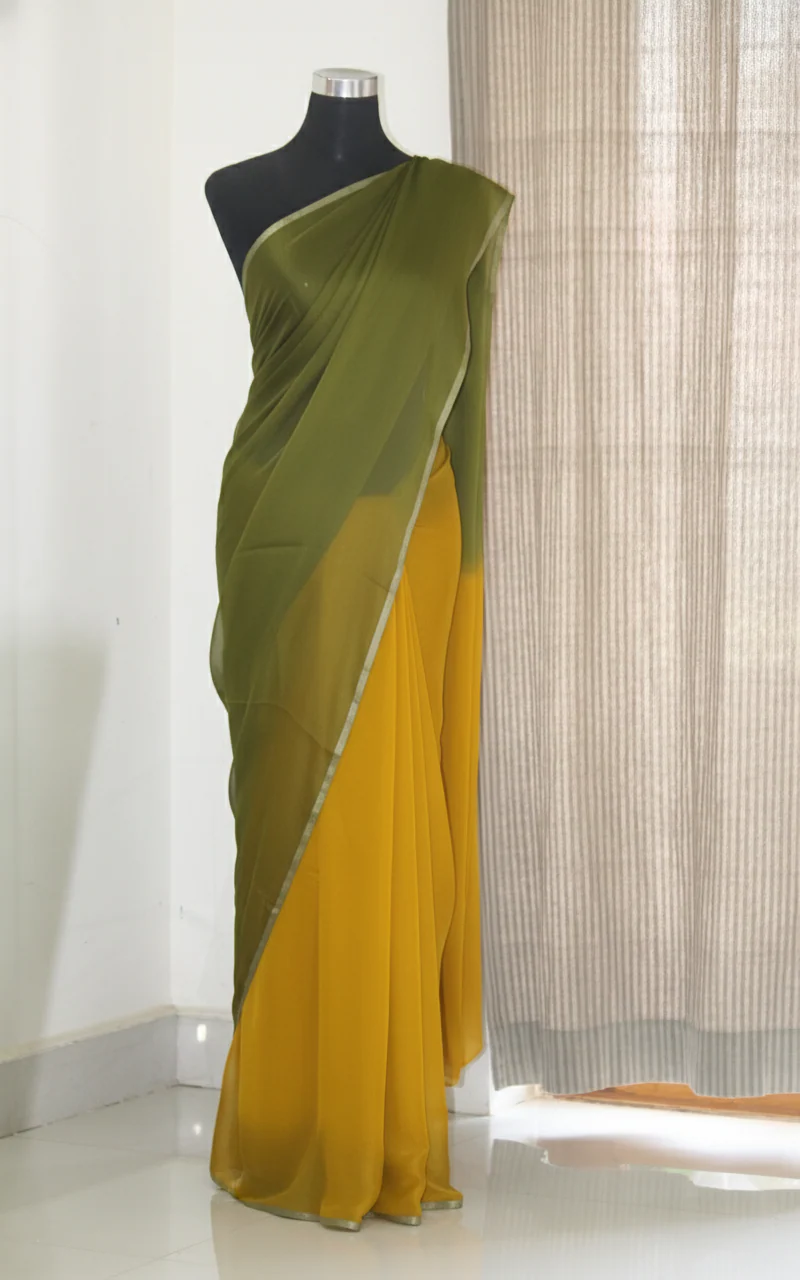 Double shaded pure silk chiffon saree Yellow Green